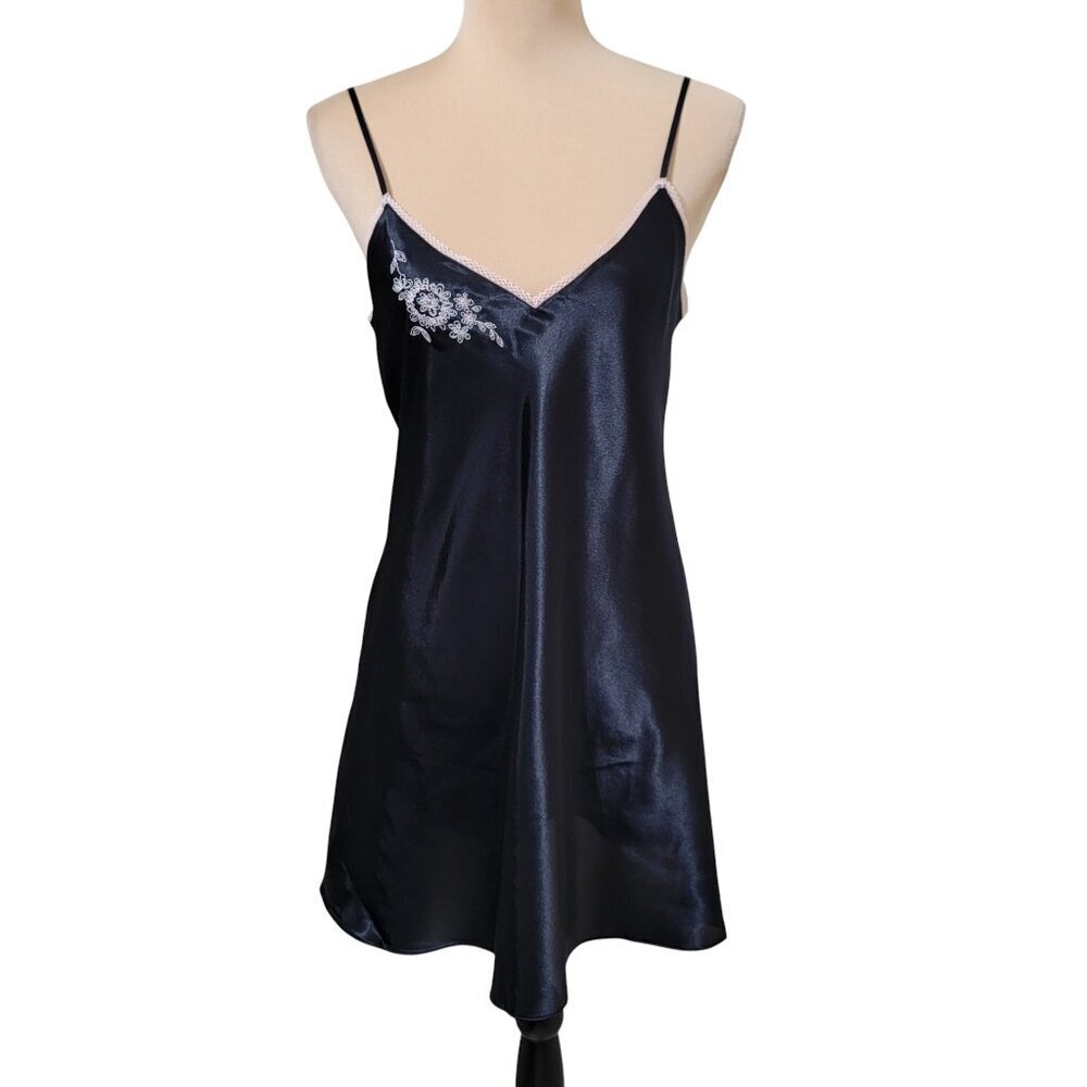 Jones New York Size M Black Satin Slip Dress with Embroidered Design, Like New